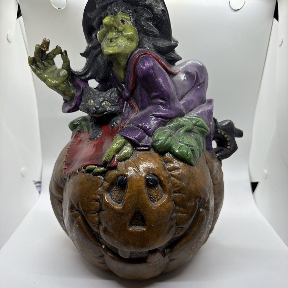 Witch Pumpkin Black Cat Halloween Decoration Scary Fall Large Ceramic Mold Vtg